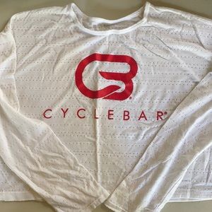CYCLEBAR white long sleeve crop top w/ red logo